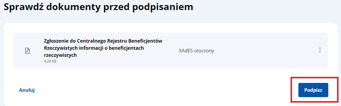 Podpisywanie zaimportowanego zgłoszenia do CRBR