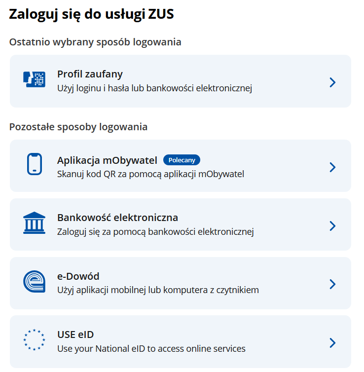 Ekran logowania do usługi ZUS — wybierz metodę uwierzytelnienia