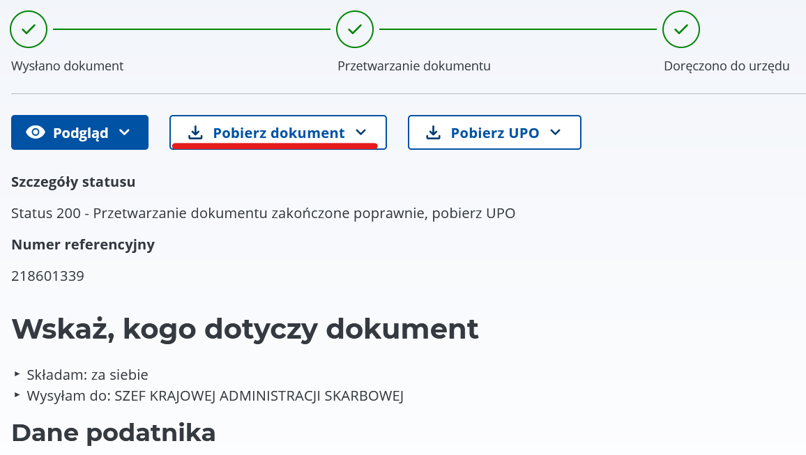Widok wysłanego formularza — podsumowanie danych i status doręczenia