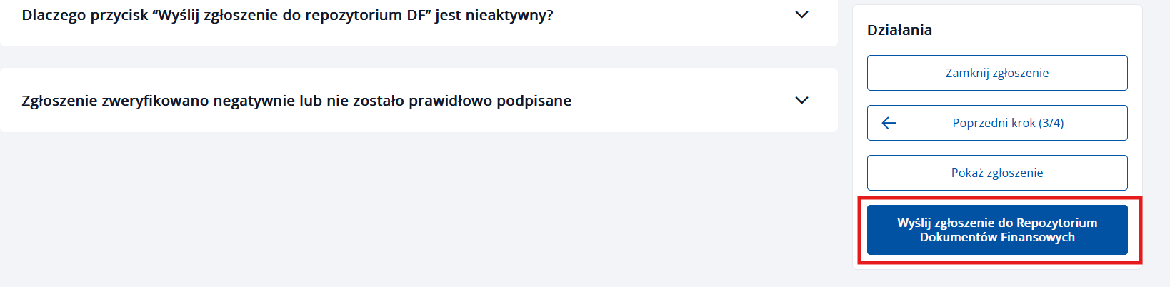 Przycisk „Wyślij zgłoszenie do Repozytorium Dokumentów Finansowych"