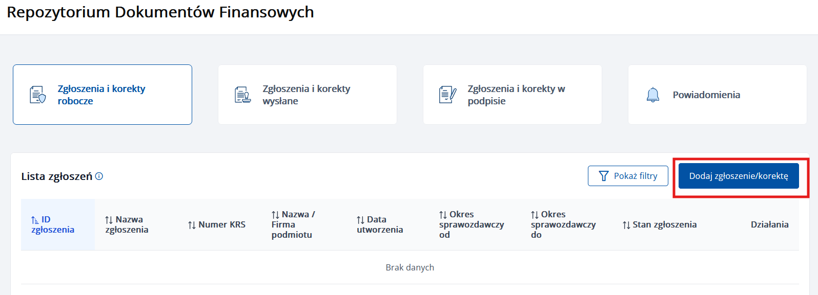 Repozytorium Dokumentów Finansowych — kliknij „Dodaj zgłoszenie/korektę"