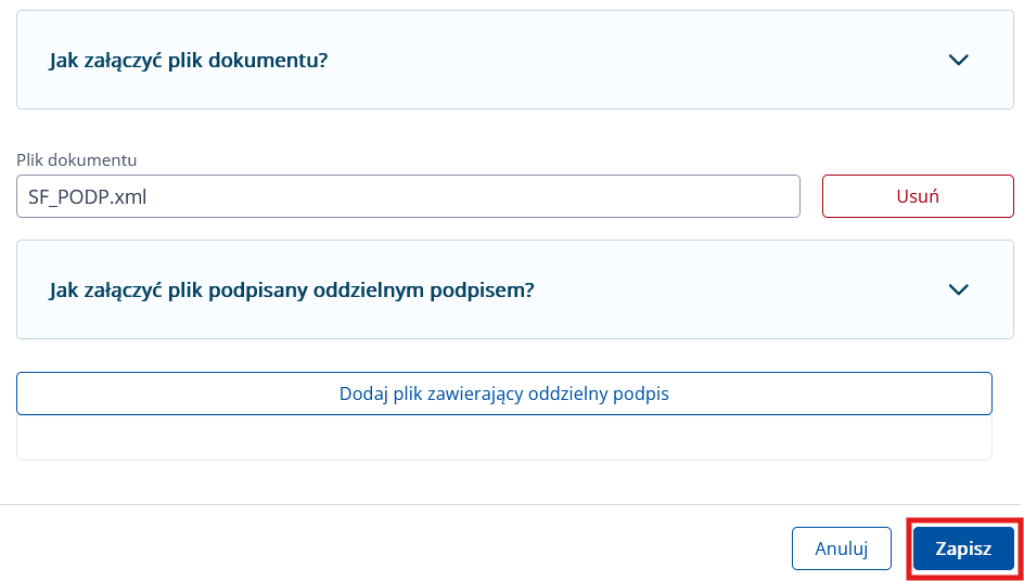 Formularz z wczytanym plikiem XML sprawozdania finansowego — kliknij „Zapisz"