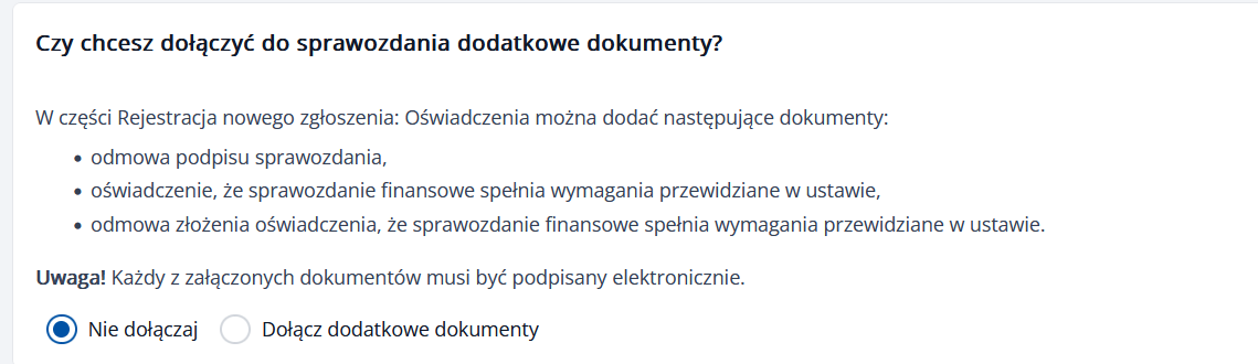 Krok 3/4 — wybierz „Nie dołączaj" jeśli nie masz dodatkowych dokumentów