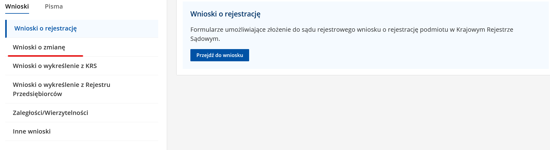 Lista wniosków o zmianę w KRS