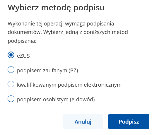 Wybór metody podpisu pełnomocnictwa — wybierz eZUS